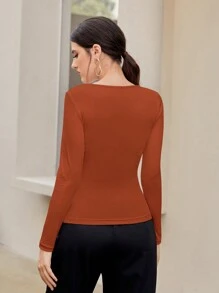 Mulvari Chất rắn Cổ Trái tim Áo thun - Màu nâu  Mocha - Xem 2