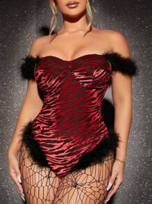 SHEIN SXY 一字肩毛茸邊絲絨連身背心 - 彩色 - 查看 1