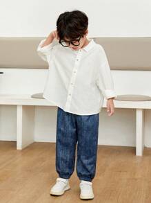 SHEIN Young Boy Flap Pocket Denim-Effect Print Vest Jacket & Pants & Solid Shirt - Multicolor - View 3