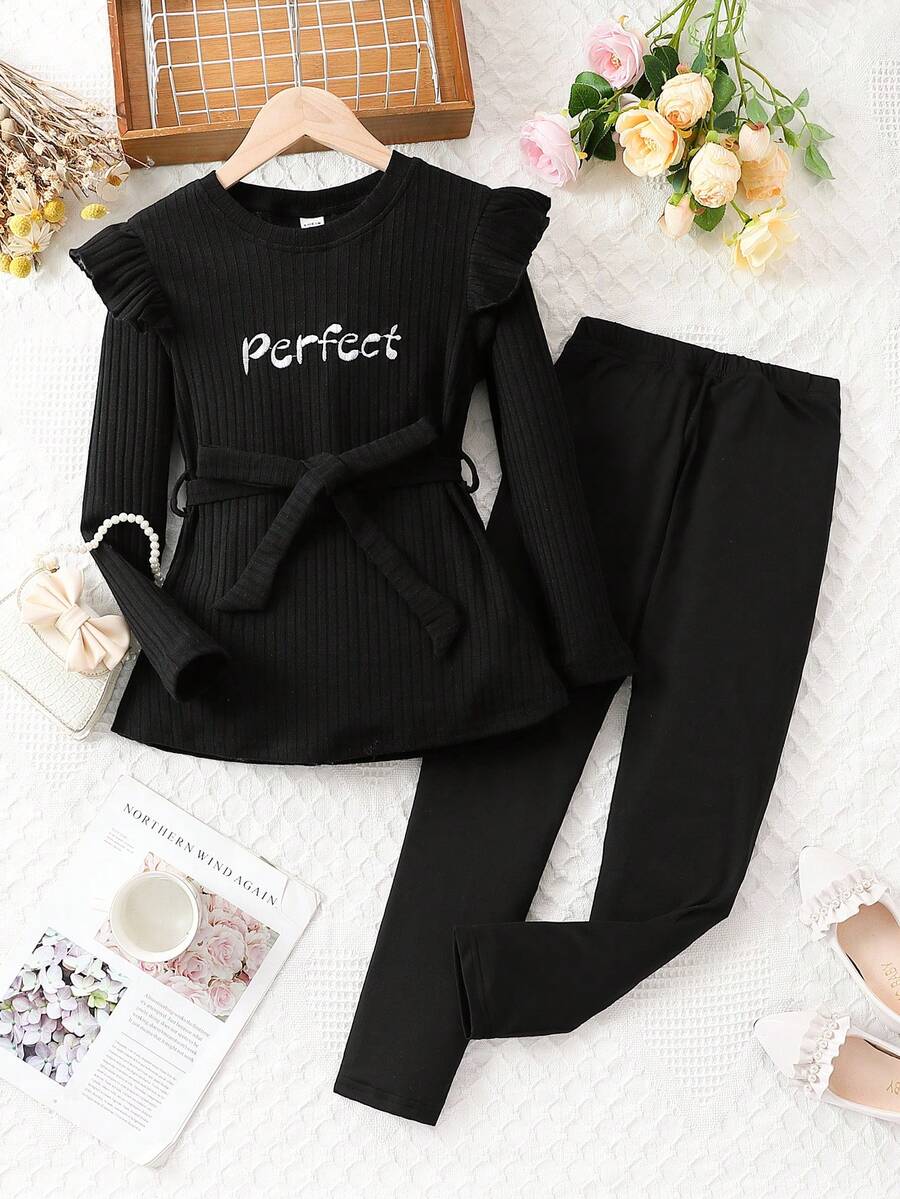 SHEIN 女大童字母刺繡荷葉邊腰帶T恤和緊身褲 - 黑色 - 查看 1