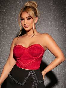 SHEIN SXY Frill Trim Bustier Crop Lace Tube Top - Red - View 5