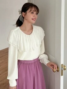 FRIFUL Chất rắn Viền Ruffle Tay áo Đèn lồng Áo thun - Màu be - Xem 4