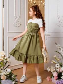 SHEIN Chica adolescente Vestido de dos tonos bajo con fruncido - Verde militar - Ver 5