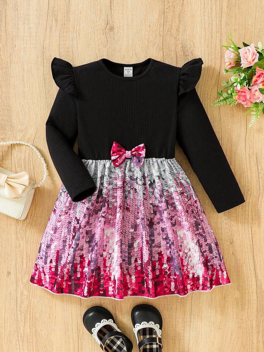 SHEIN Young Girl Floral Print Ruffle Trim Bow Front Ruffle Trim Dress - Multicolor - View 1