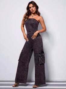 SHEIN EZwear Flap Pocket Side Denim Tube Jumpsuit - Dark Wash - View 5