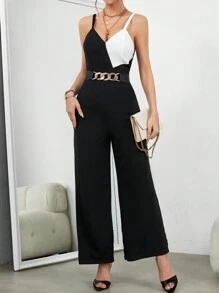 SHEIN Privé 女款拼色細肩帶連身褲 - 黑色 - 查看 1