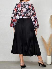 EMERY ROSE Hơn In hoa Tay áo lồng đèn Viền xếp Váy có thắt lưng - Nhiều màu - Xem 2