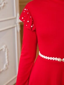SHEIN 青少年女孩珍珠串珠小高領洋裝不附腰帶適用於聖誕 - 紅色 - 查看 6