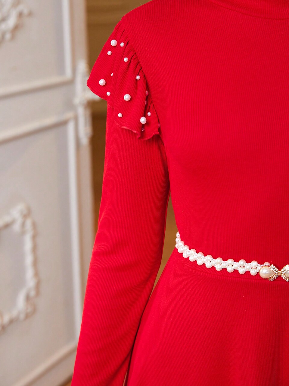 Teen Girl Pearls Beaded Mock Neck Dress Without Belt for Christmas
