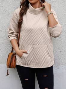 Calvaya 大碼袋鼠口袋高領T恤 - 杏色 - 查看 5