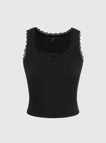 SHEIN Unity 蕾絲拼接前蝴蝶結背心上衣 - 黑色 - 查看 1