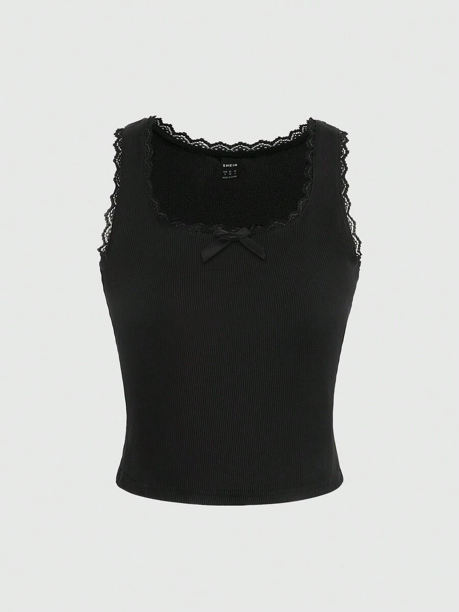 SHEIN Unity 蕾絲拼接前蝴蝶結背心上衣 - 黑色 - 查看 1