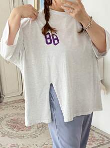 Dazy Plus Letter Print T-Shirt - Light Grey - View 4