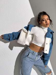 SHEIN Unity Hai âm Thả vai Mùa vụ Áo Teddy Jackets - Màu xanh lam - Xem 3