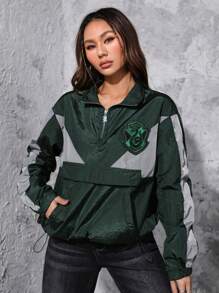 HARRY POTTER X SHEIN 圖案補丁貼撞色半拉鏈落肩袖夾克 - 彩色 - 查看 6