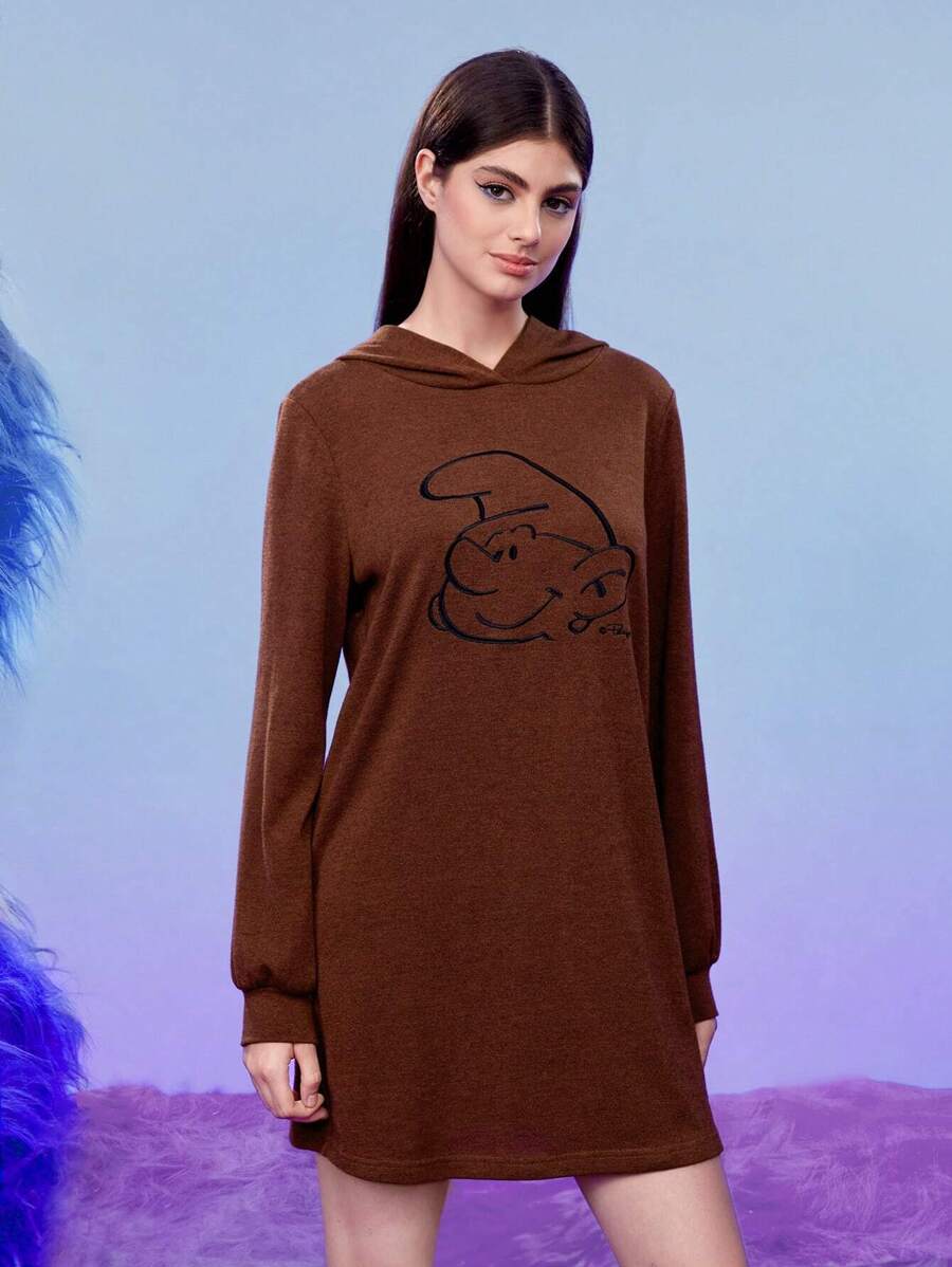 SHEIN X The Smurfs Embroidery Cartoon Pattern Hooded Nightdress - Coffee Brown - View 1