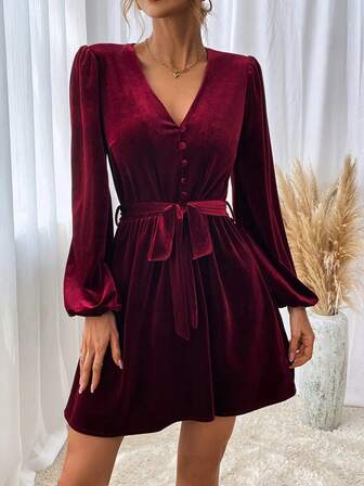 Lantern Sleeve Belted Velvet Dress