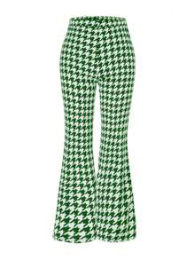 Celure 大碼千鳥格印花喇叭褲 - 綠色 - 查看 1