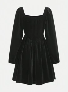 Tween Girls' Sporty Casual Velvet Solid Color Square Neck Long Sleeve Dress - Black - View 2