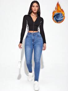 SHEIN Essnce 拉绒面料保暖高腰漂白洗水紧身牛仔裤保暖加厚牛仔布 - 中等水洗藍 - 查看 5