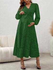 Maternity Polka Dot Print Lantern Sleeve Belted Dress - Multicolor - View 3