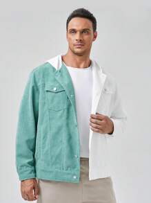 Manfinity VCAY Loose Fit Plus Size Men Two-Tone Flap Pocket Hooded Corduroy Jacket, For Fall Winter - Multicolor - View 5