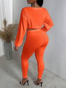 Slaydiva 落肩袖短款運動衫&緊身打底褲 - 亮橙色 - 查看 2