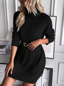 EMERY ROSE 高領蝙蝠袖毛衣洋裝不附腰帶 - 黑色 - 查看 4