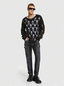 ROMWE MEN ROMWE Avant 男士交叉補丁貼撞色牛仔褲 - 深灰色 - 查看 4