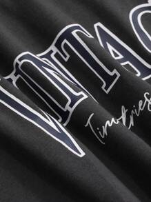 DAZY Letter Graphic Knot Hem Drop Shoulder Tee Preppy Tops Crop Women Tops - Dark Grey - View 5