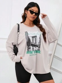 SHEIN EZwear Plus Building & Slogan Graphic Drop Shoulder Tee - Apricot - View 1