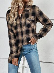 SHEIN Unity In kẻ sọc Thả vai Túi có nắp Áo sơ mi - Màu vàng - Xem 5