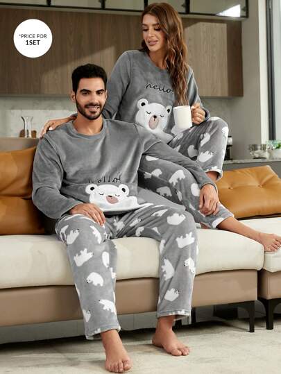 1 set flanelltopp och byxor med tecknad broderi / fluffigt pyjamasset, mysiga höst- och vinterkläder