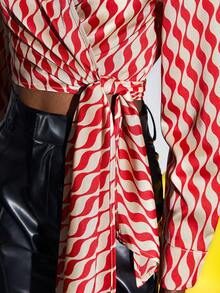 BizChic Allover Print Knot Side Wrap Blouse - Red - View 3