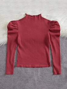 SHEIN 女大童小高領紐扣細節羊腿袖木耳邊T恤 - 乾枯玫瑰色 - 查看 2