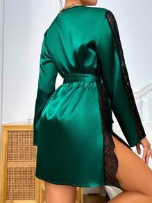 蕾絲拼接腰帶緞面睡袍 - 墨綠色 - 查看 2
