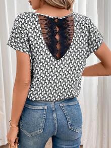 SHEIN Frenchy Allover Print Contrast Lace Batwing Sleeve Blouse - White - View 6