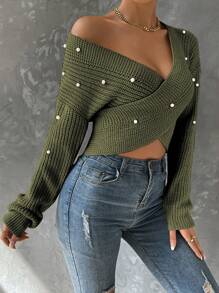 EMERY ROSE Faux Pearls Beaded Crossover Drop Shoulder Crossover Knit Pullover Fall Winter Sweater - Army Green - View 3
