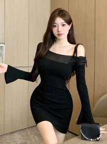 DAZY Solid Asymmetrical Neck Lace Trim Bodycon Dress,Casual Women Dresses,Fall Dress - Black - View 3