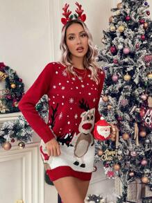 SHEIN LUNE Christmas Elk & Snowflake Pattern Sweater Dress - Multicolor - View 5
