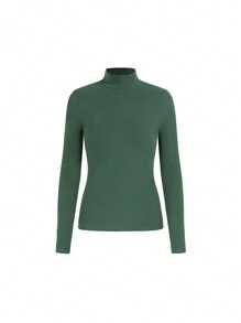 SHEIN BASICS Chất rắn Cổ giả Áo thun - Màu xanh lá cây đậm - Xem 1