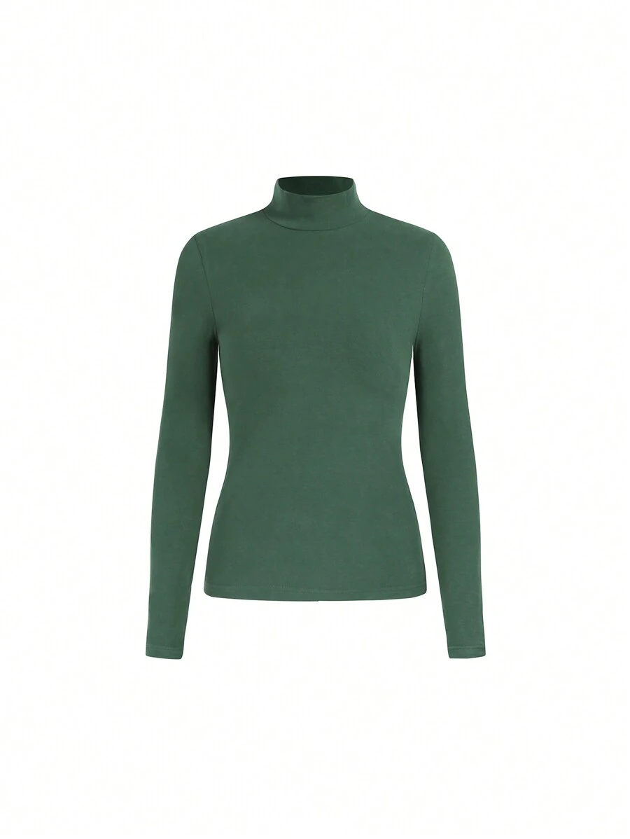 SHEIN BASICS Chất rắn Cổ giả Áo thun - Màu xanh lá cây đậm - Xem 1