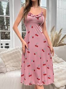 Cherry Print Ruffle Trim Cami Pajama Nightdress Long Dress - Pink - View 5