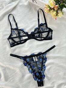 2pcs Floral Embroidery Mesh Underwire Bra & Panty Set Lingerie Set - Multicolor - View 2