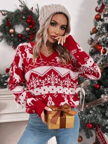 Chiquease Suéter de punto con caída de hombros con estampado navideño para otoño e invierno - Rojo - Ver 4