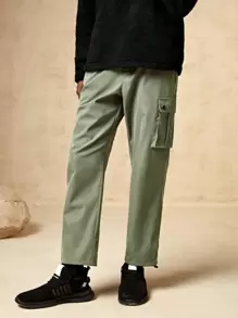 In My Nature Men Solid Slant Pocket Side Drawstring Waist Pants - Army Green - View 5