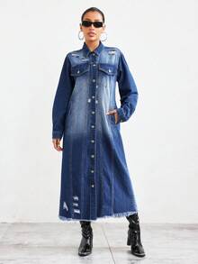 SHEIN Privé Flap Pocket Raw Hem Denim Coat - Medium Wash - View 6