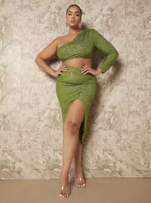 SHEIN BAE 聖誕大碼單肩短款亮片上衣&高衩半身裙