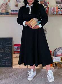 Dazy Plus Vestido Con Cuello De Polo Con Detalles De Contraste - Negro - Ver 5