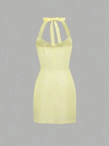 SHEIN Unity Chất rắn Nút phía trước Halter Neck Không lưng Đầm - Màu vàng - Xem 2
